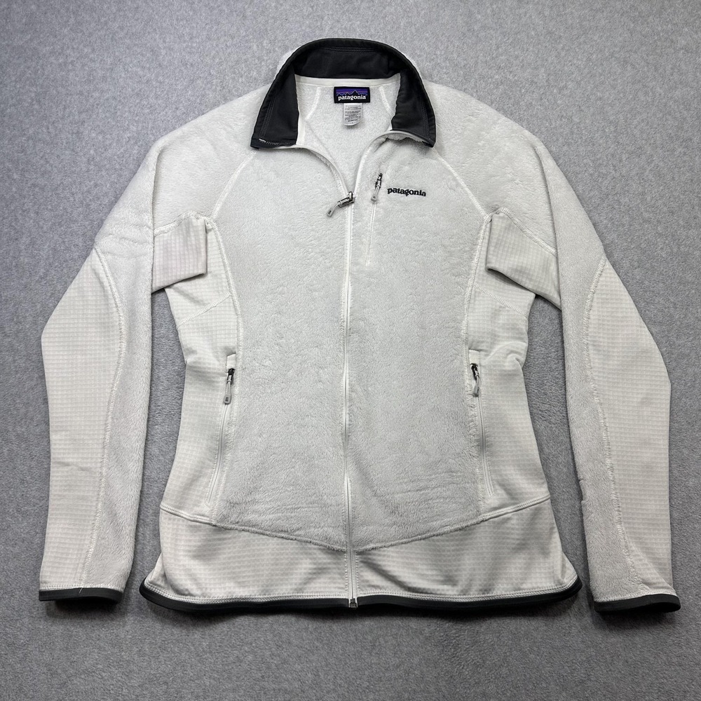 Patagonia R2 Fleece Jacket Womens Large White Full Zip Thumbholes Hiking Outdoor